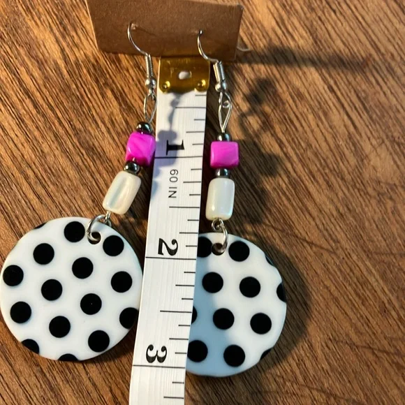 Hand Crafted Black and White Polka Dot Circle Disc Dangle Earrings - Picture 4 of 4